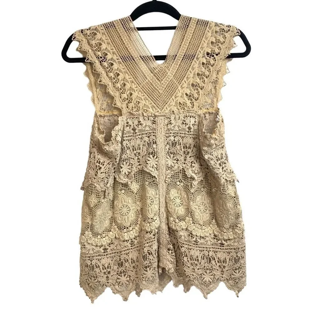 Johnny Was Boho Cream Lace Tiered Crochet Top Blouse Size Small - Picture 2 of 6